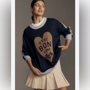 Anthropologie Maeve Navy and Tan Heart Sweater EUC